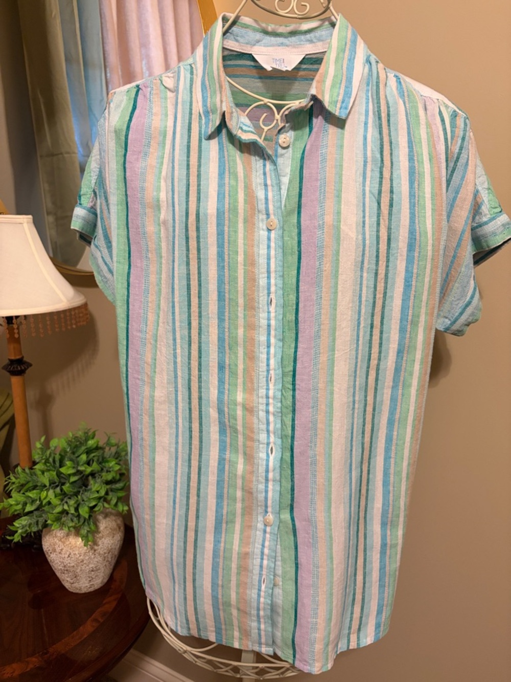 Women’s Short-Sleeve Striped Button-Up Shirt - Pastel Blue/Green